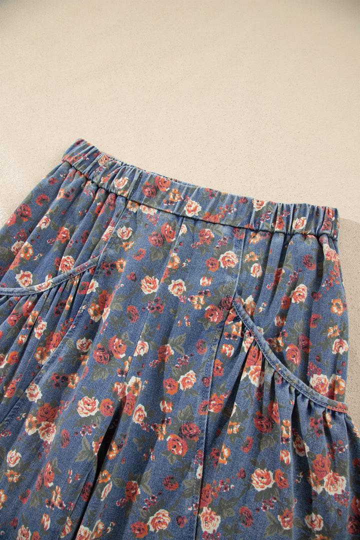 Beau Blue Retro Floral Print Elastic Waist Pocketed Barrel Jeans