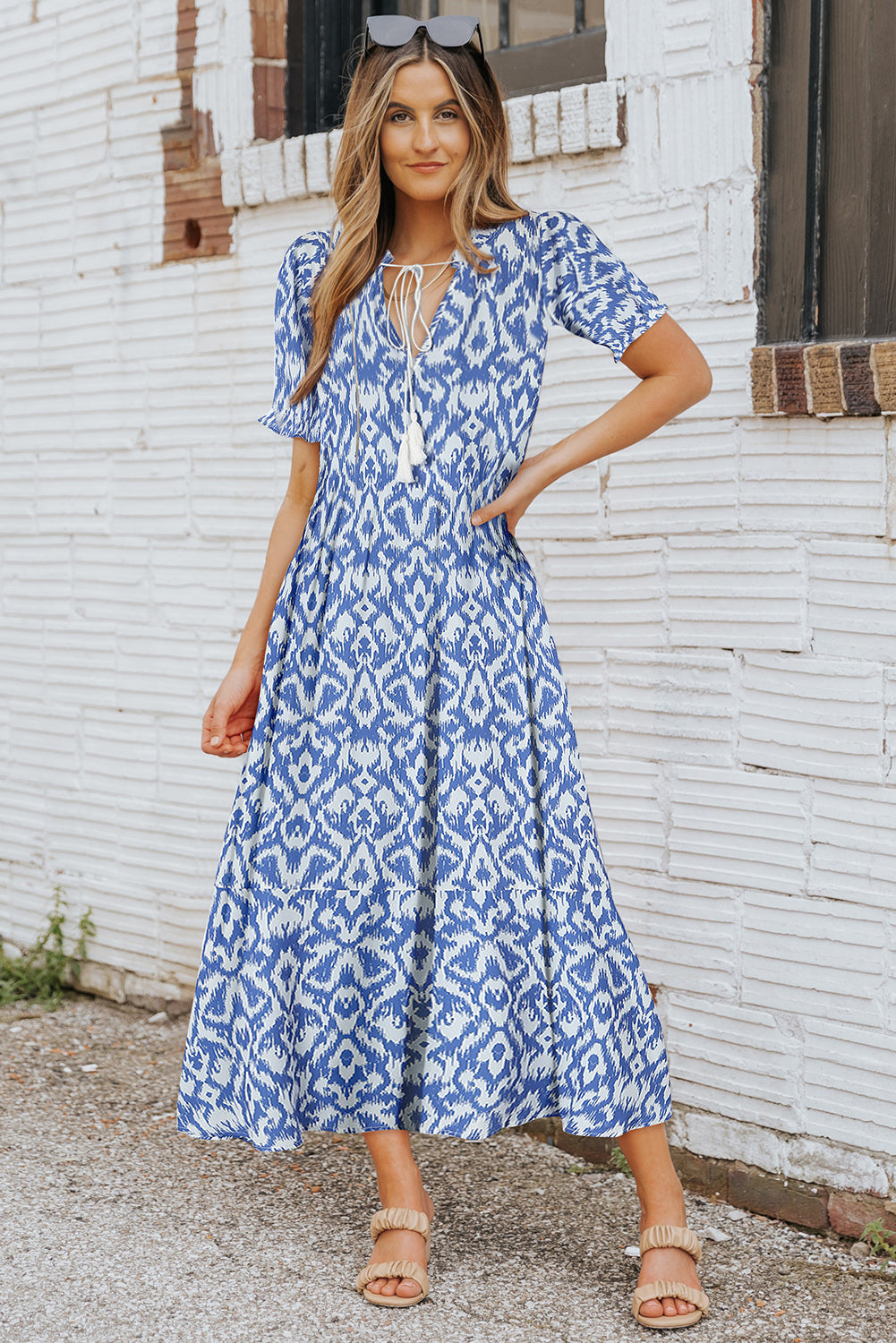 Sky Blue V Neck Casual Geometric Print Maxi Dress