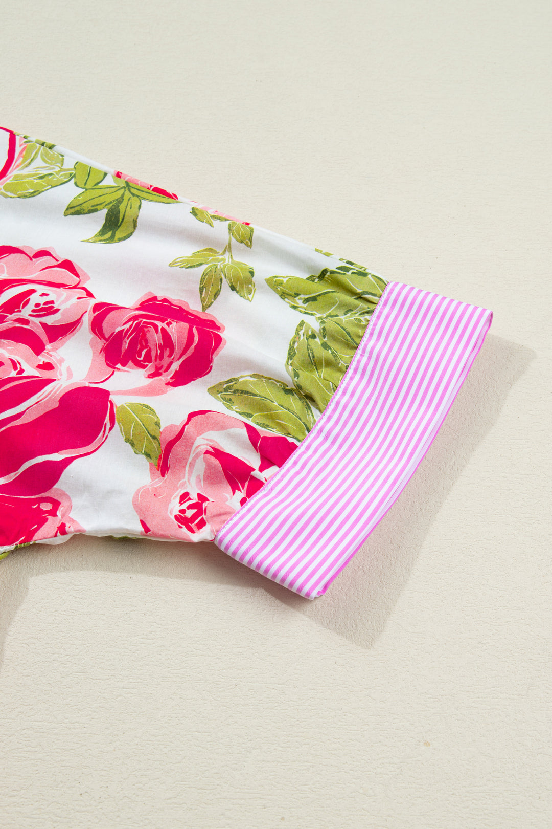 Pink Flower Print Striped Trim Frilled Collar Short Sleeve Shirt