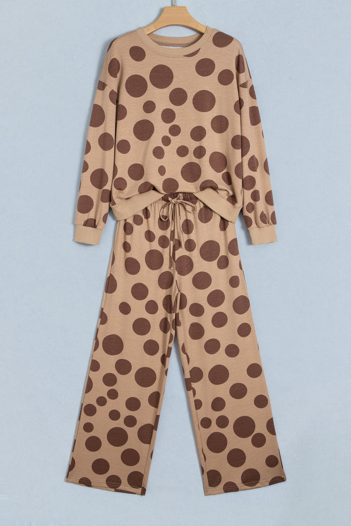 Khaki Polka Dot Long Sleeve Top Drawstring Relaxed Pants Set