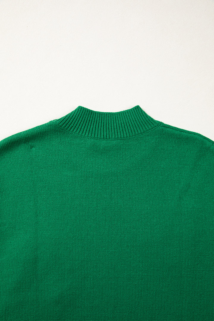 White Corded Horseshoes Ribbed Trim Mock Neck Short Sleeve Sweater