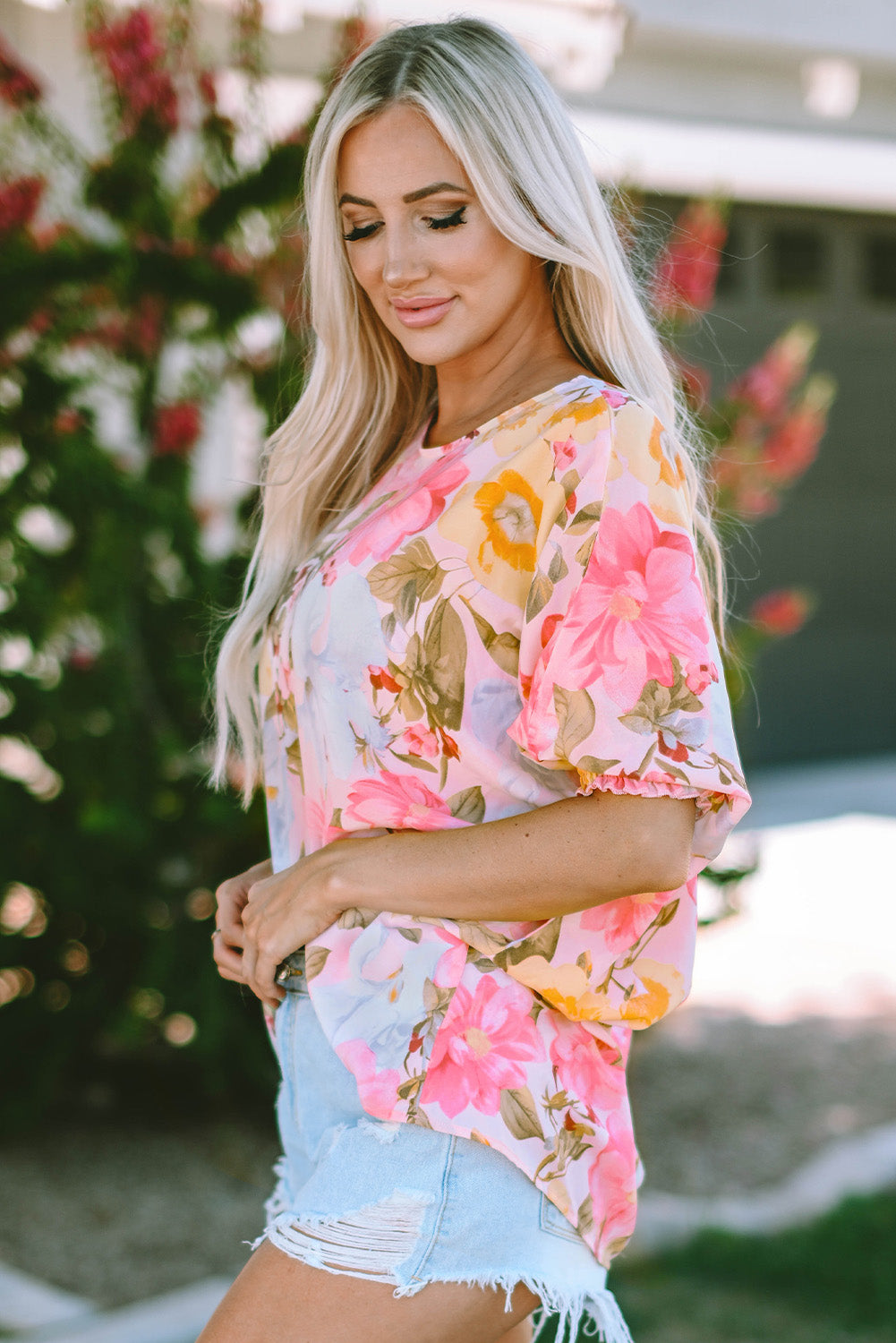 Pink Shirred Cuff 3/4 Sleeve Loose Fit Floral Blouse