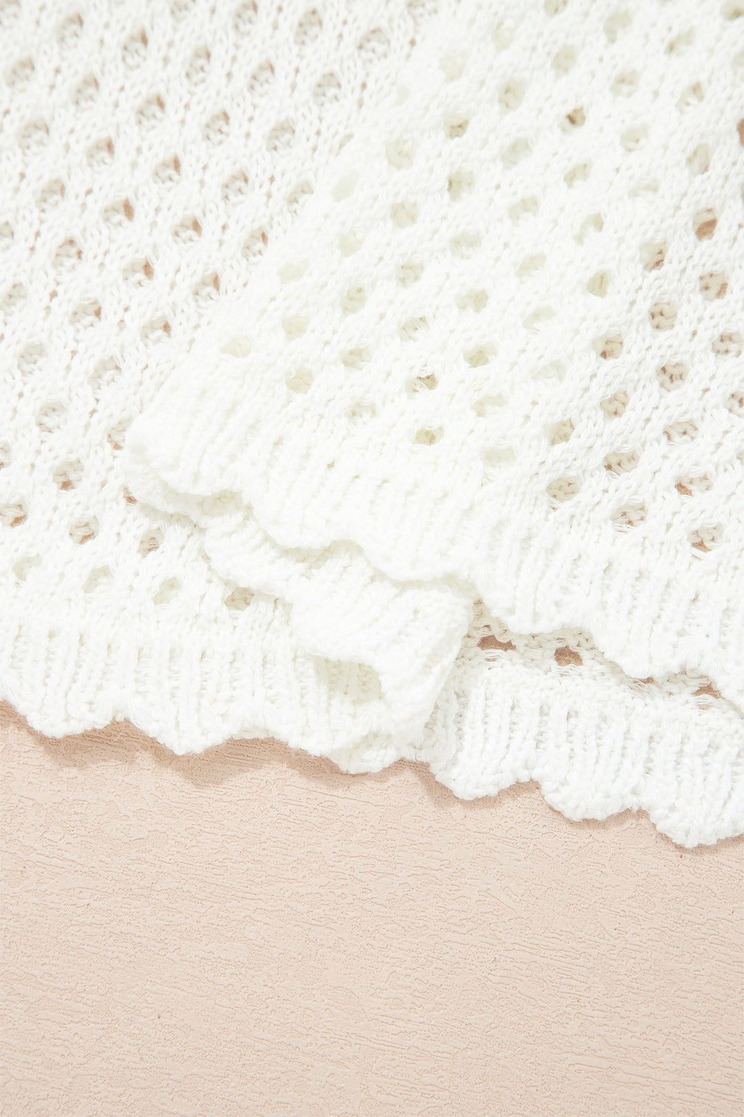 Yellow Cream Scalloped Trim Hollow Out Knit Long Sleeve Top