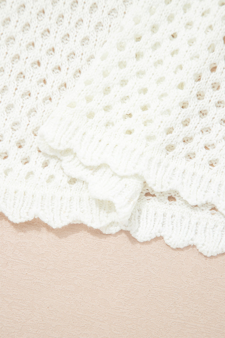 Yellow Cream Scalloped Trim Hollow Out Knit Long Sleeve Top