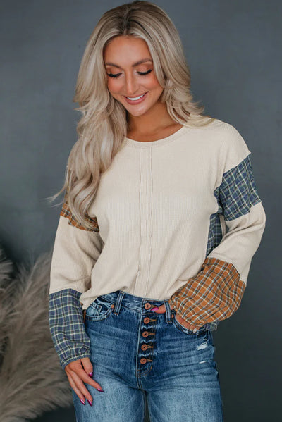 Smoke Gray Plaid Patchwork Raw Seam Long Sleeve Top