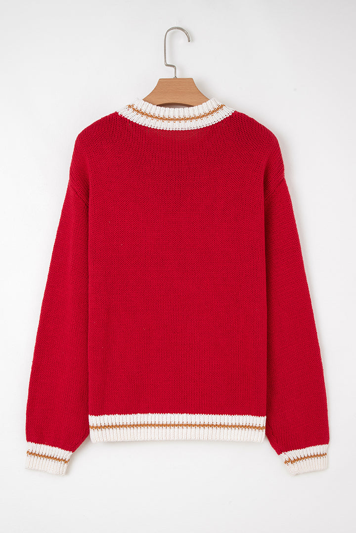 Fiery Red MERRY Color Block Edge Drop Shoulder Cozy Sweater