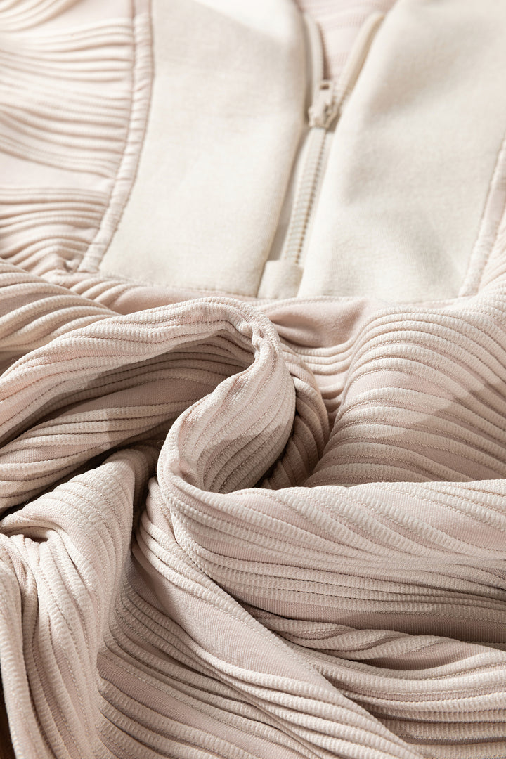 Parchment Solid Color Textured Zip V Neck Pullover Sweatshirt