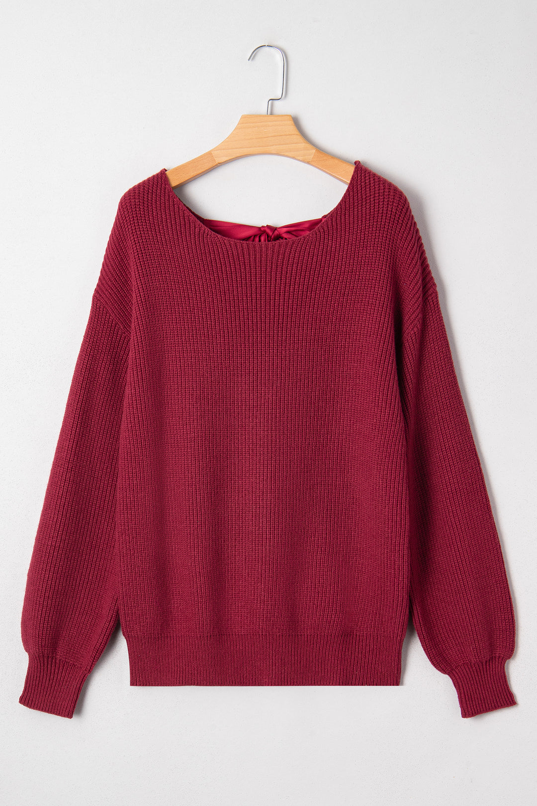 Red Dahlia Ribbed Knit Ribbon Knot Backless Drop Shoulder Sweater