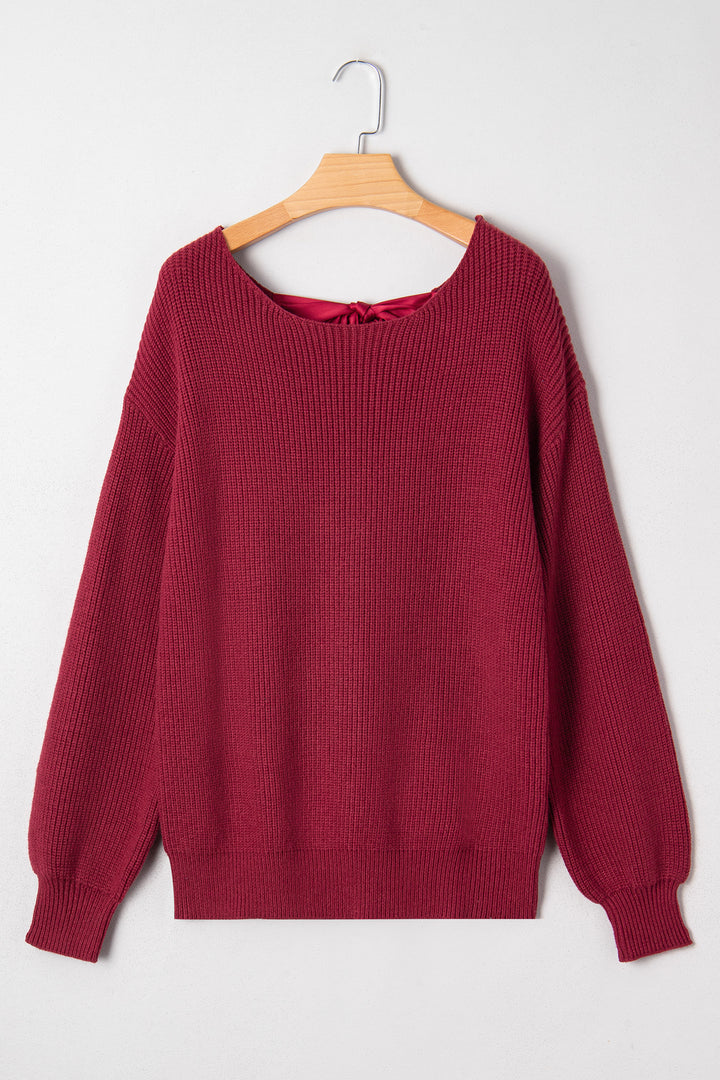 Red Dahlia Ribbed Knit Ribbon Knot Backless Drop Shoulder Sweater