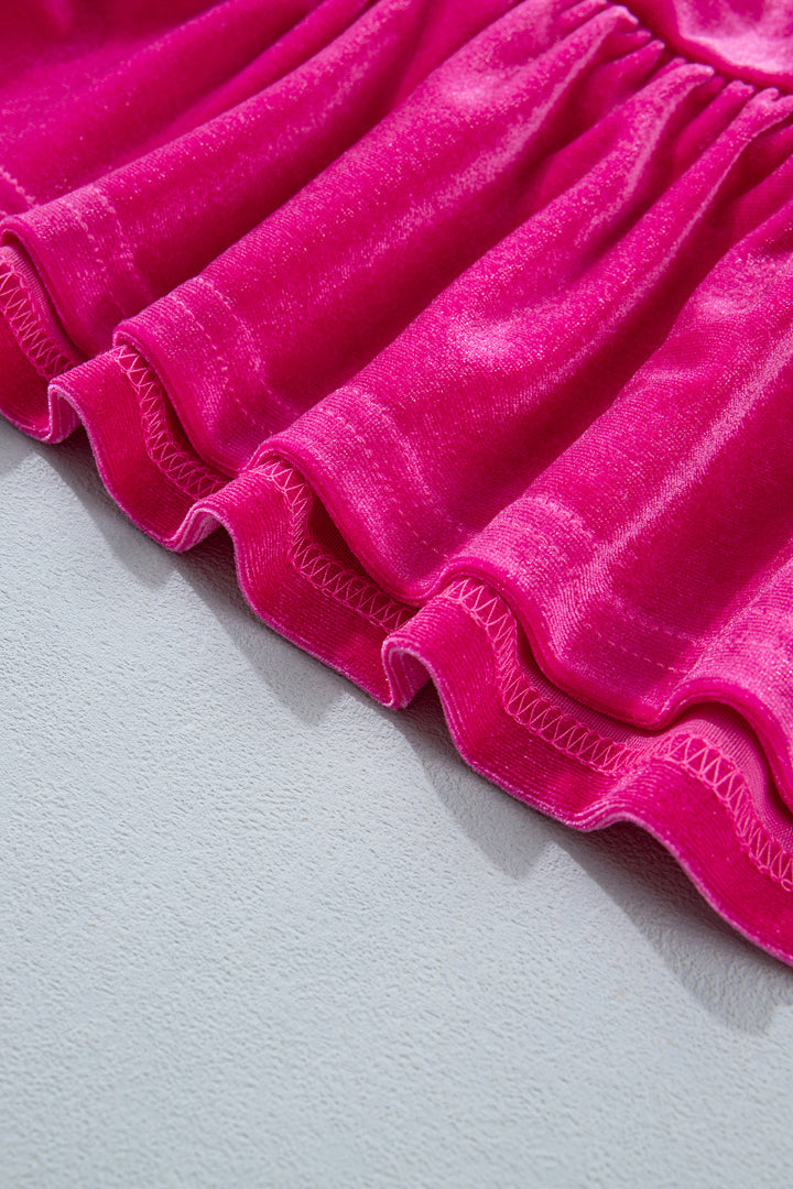 Strawberry Pink V Neck Velvet Ruffled Cuffs Hem Long Sleeve Top