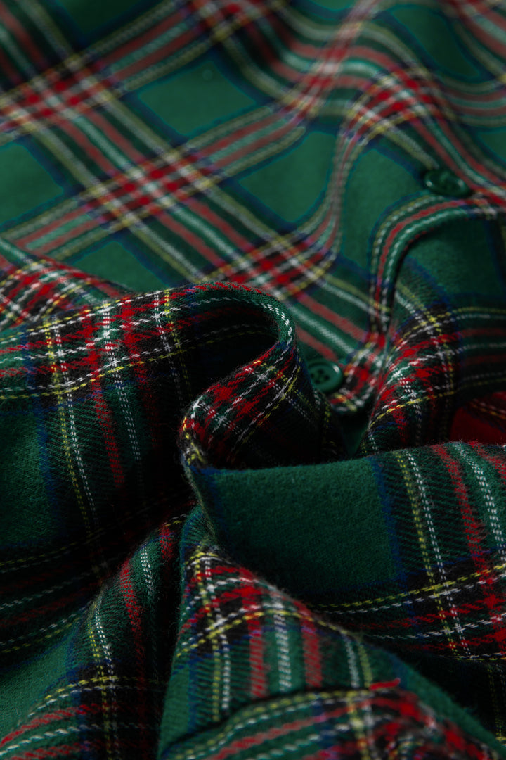 Green Plaid Contrast Patched Christmas Holiday Long Sleeve Shirt and Short 2pcs Pajama Set