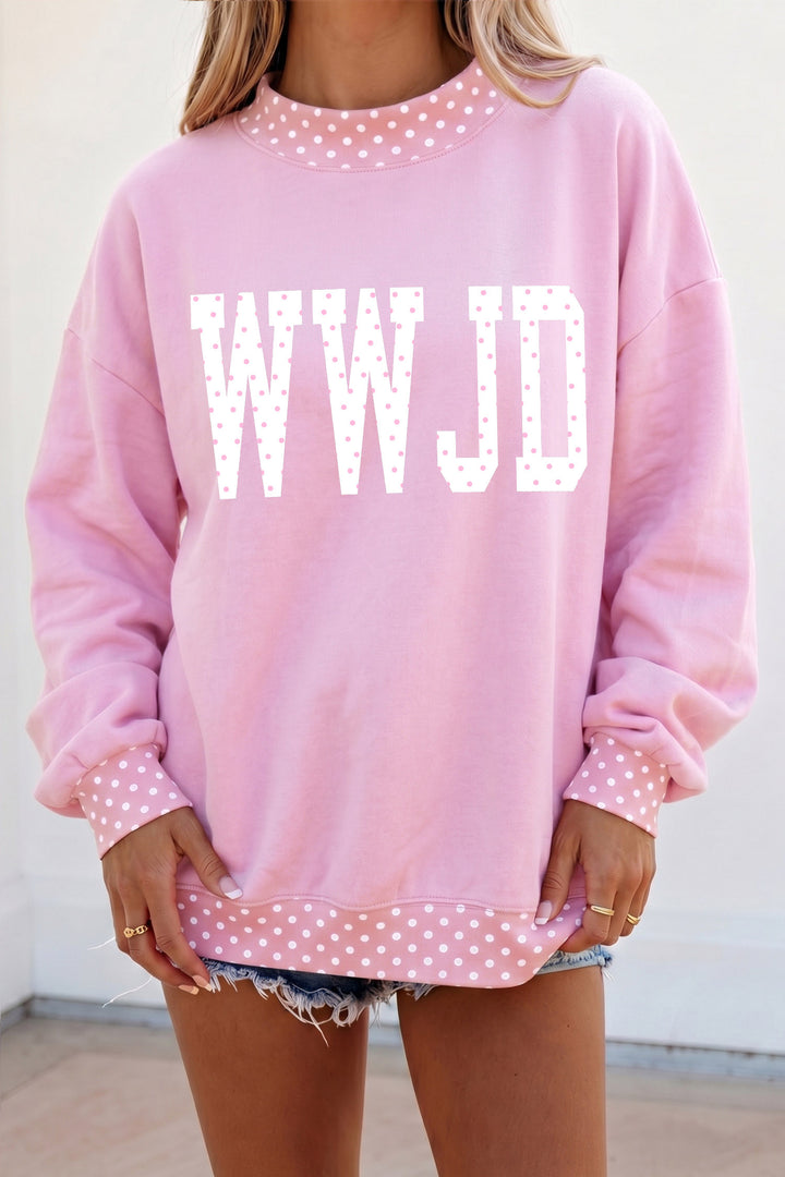 Pink Polka Dot Letter Print Mock Neck Pullover Sweatshirt