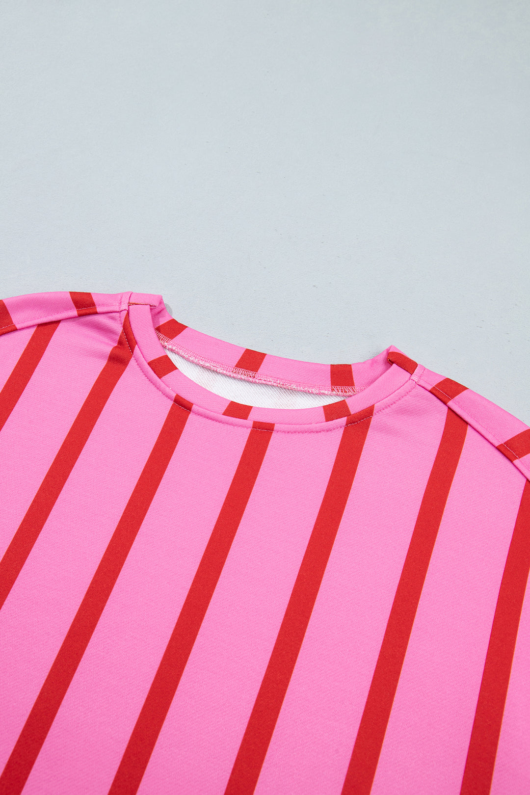 Pink Stripe Dropped Shoulder Round Neck Casual Sweatshirt