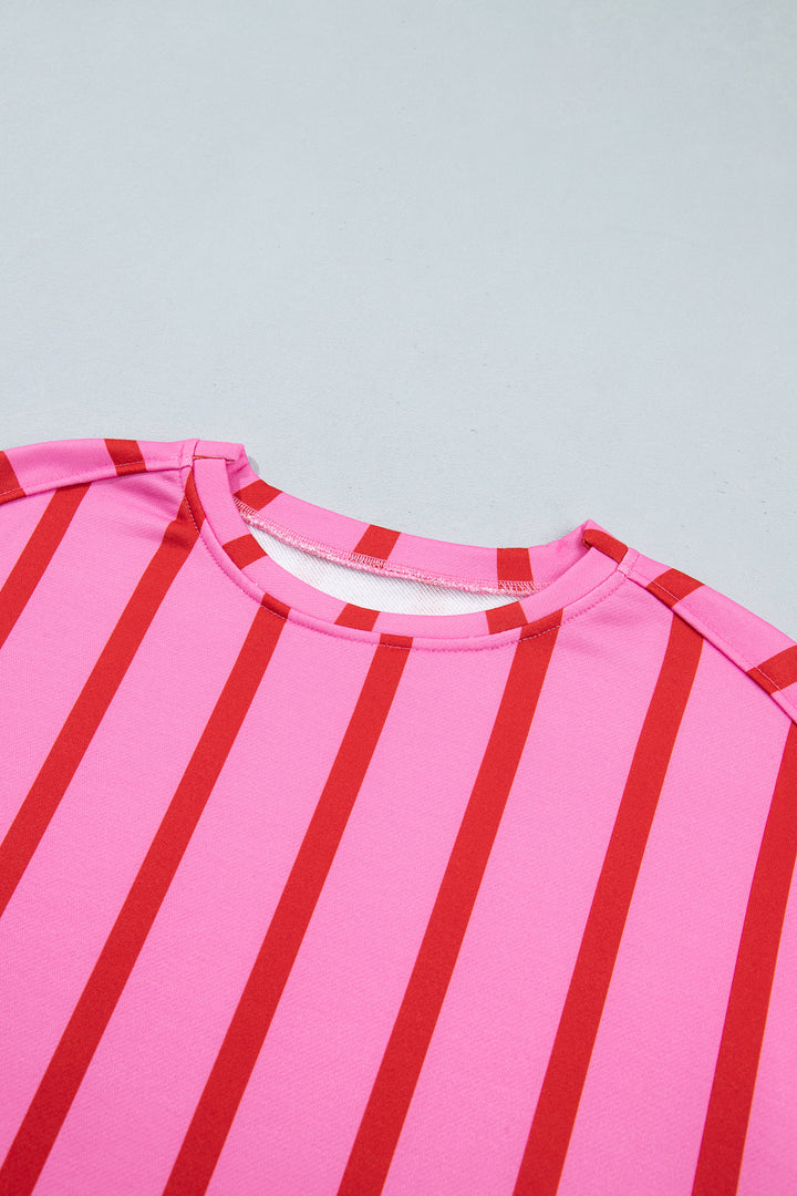 Pink Stripe Dropped Shoulder Round Neck Casual Sweatshirt