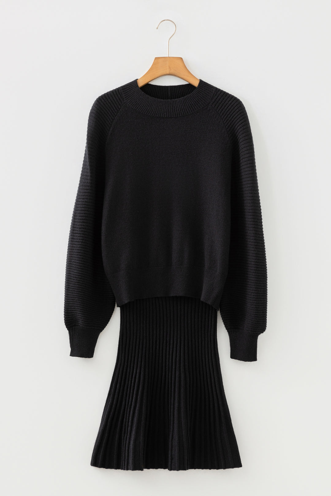 Black High Neck Puff Sleeve Sweater Pleated Mini Skirt 2pcs Knitted Outfit