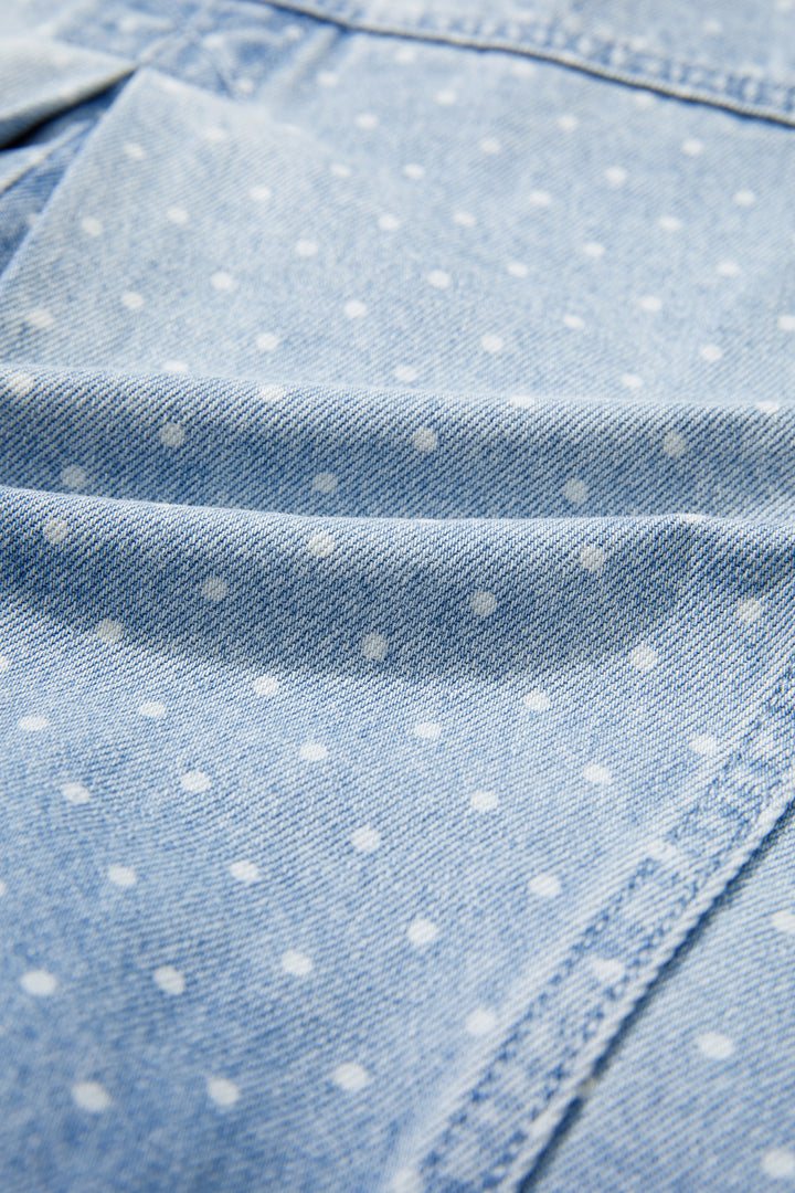 Sky Blue Polka Dot Long Sleeve Collar Pocket Casual Shift Silhouette Denim Jacket