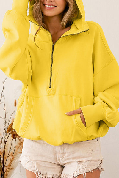 Yellow Ribbed Trim Kangaroo Pocket Zipped Hoodie