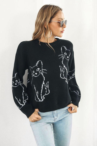 Cat Pattern Round Neck Long Sleeve Pullover Sweater