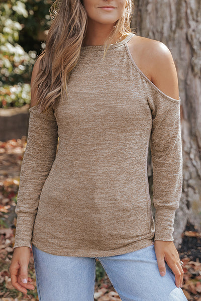 Khaki Marble Knit Cold Shoulder Long Sleeve Top