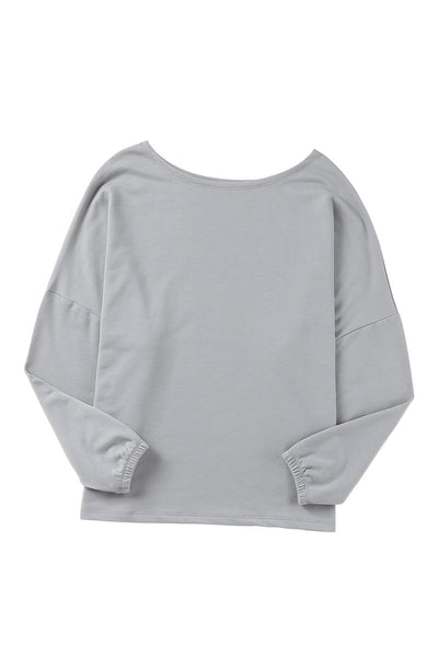 Gray Loose Fit Wide Neck Batwing Sleeves Top