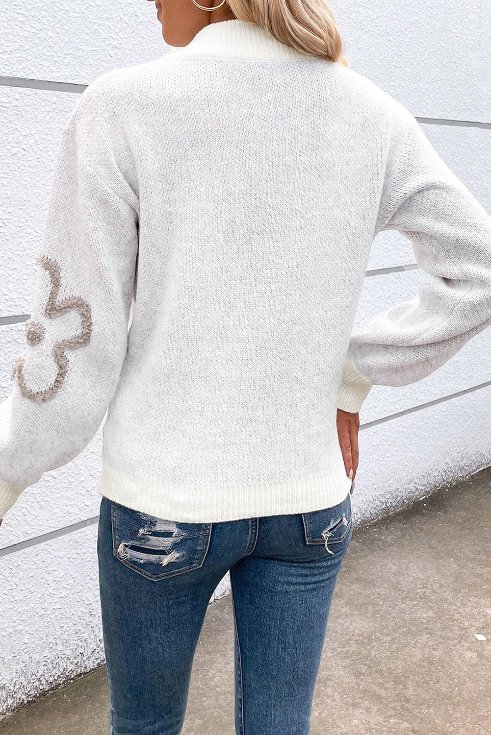 Parchment Contrast Flower Half Zipper Stand Neck Sweater