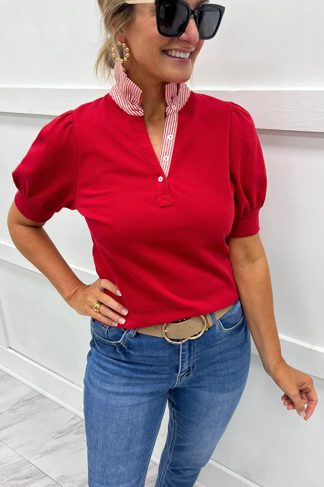 Sachet Pink Striped Frilled Collar Short Sleeve Blouse