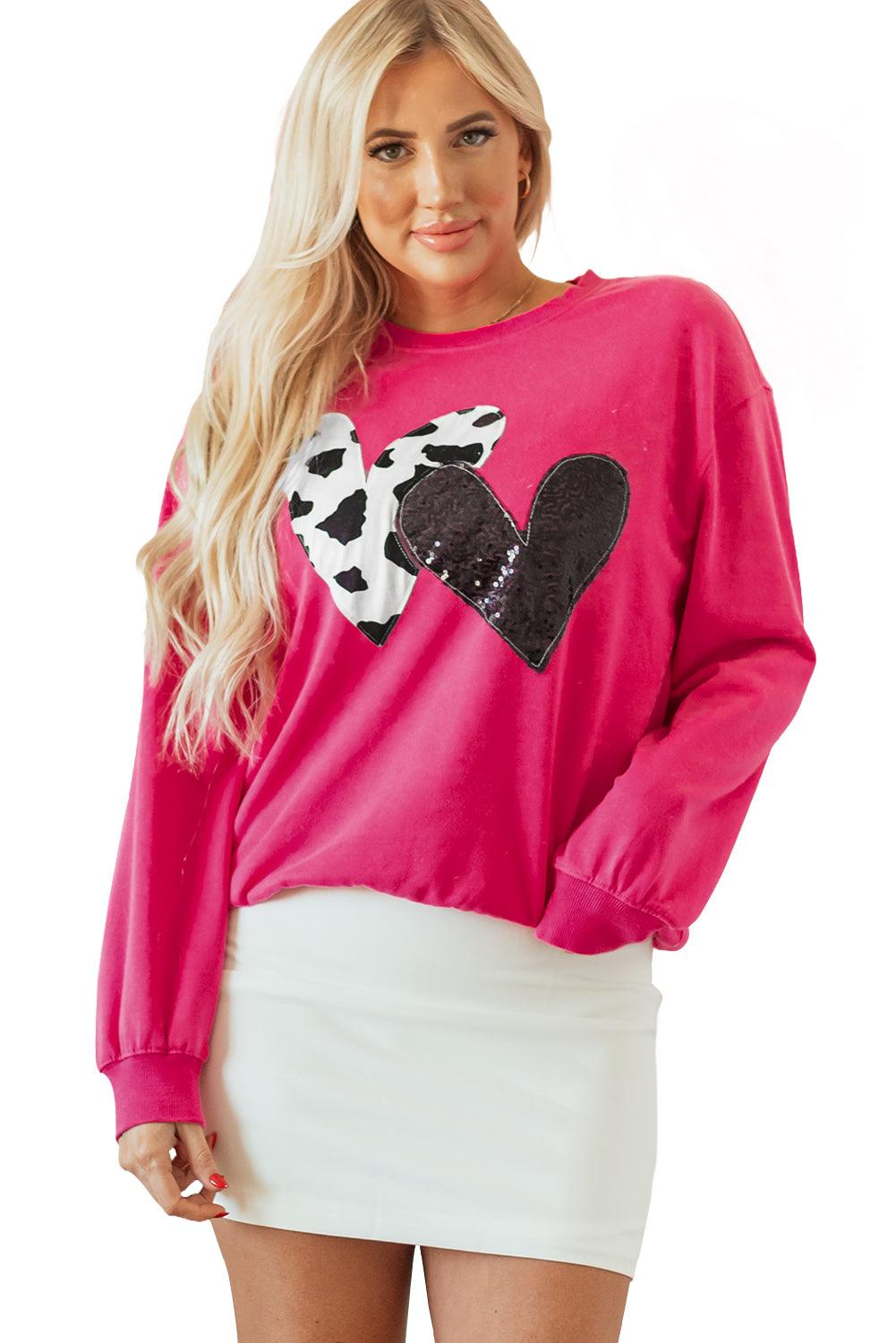 Strawberry Pink Cow & Sequin Double Heart Patch Graphic Sweatshirt