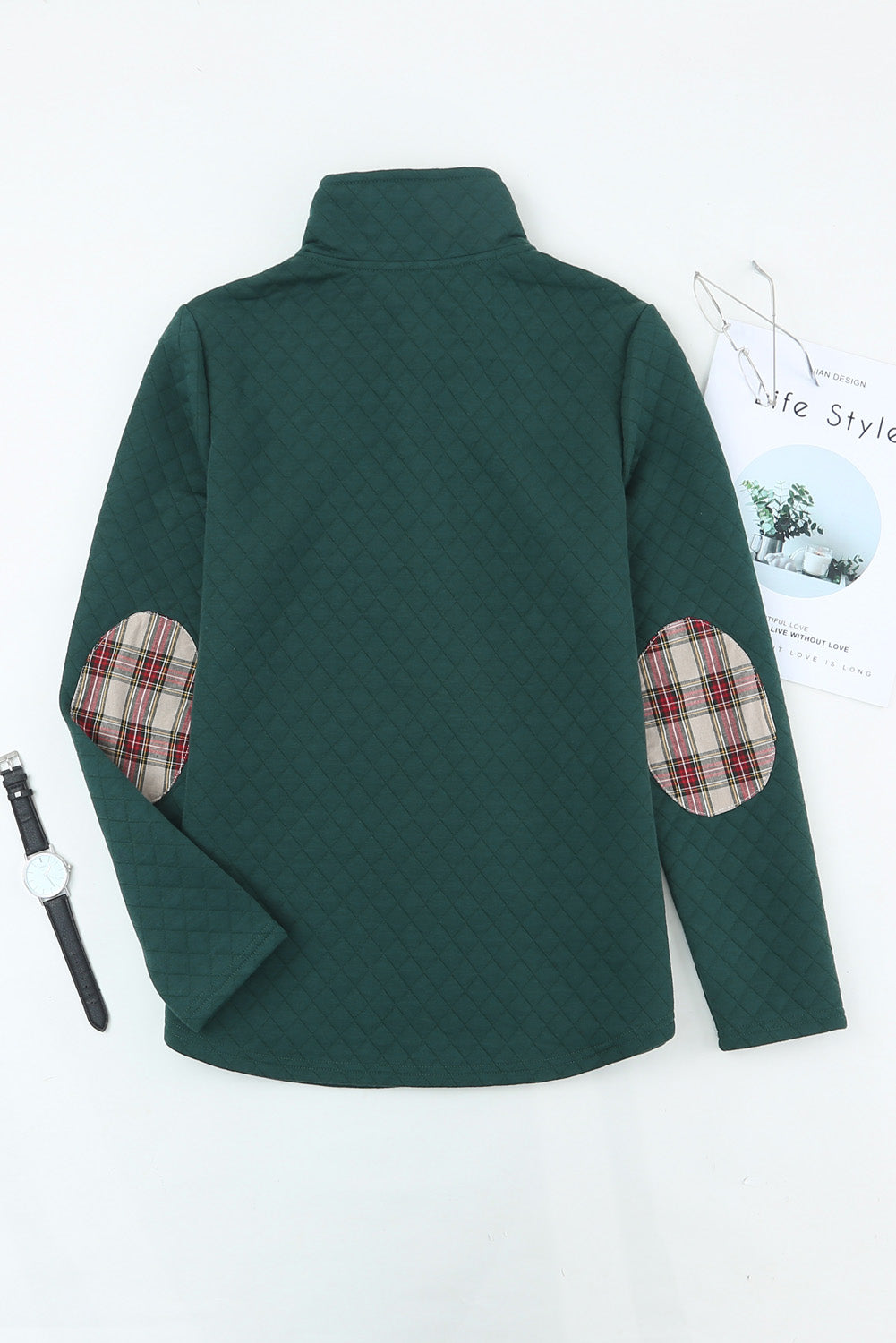 Green Geometric Texture Plaid Trim Sweatshirt