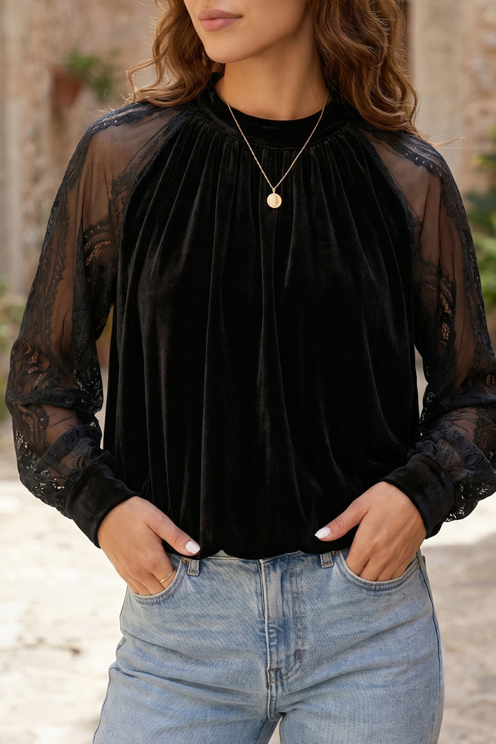 Color Black Solid Color Sheer Lace Long Sleeve Patchwork Stand Neck Velvet Blouse