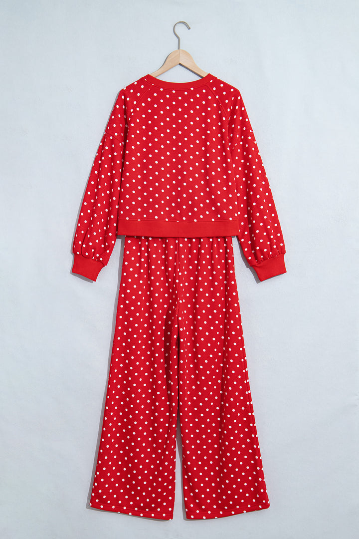 Red Polka Dot Drawstring Wide Leg Long Sleeve Top Pant Set