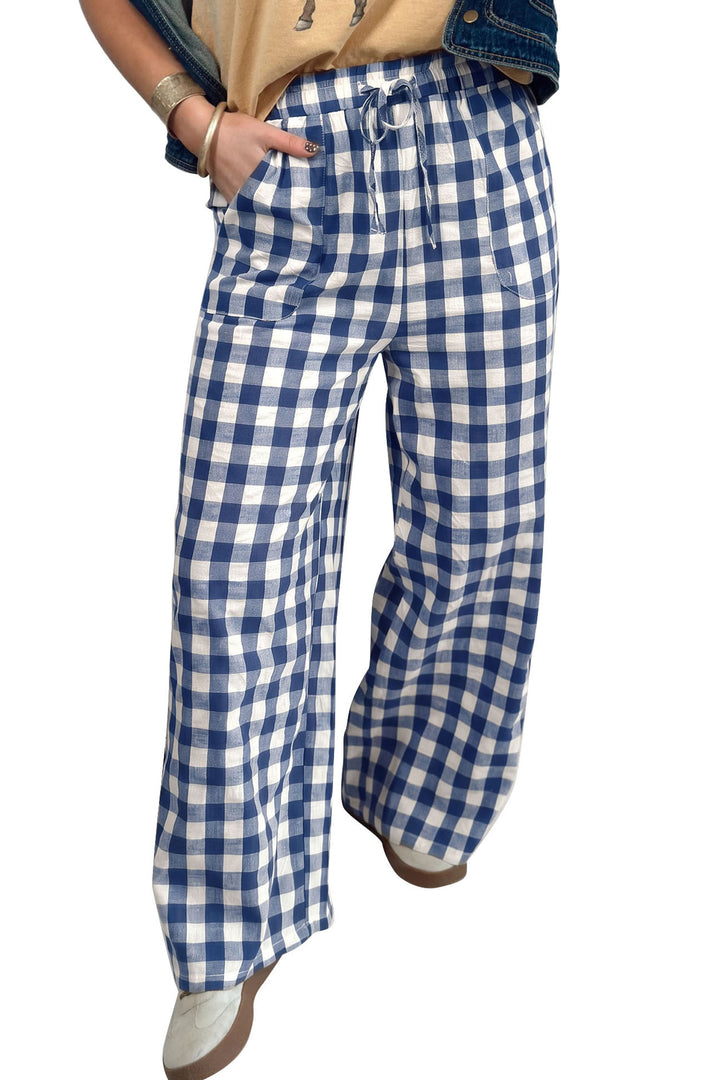 Red Gingham Plaid Tie Elastic Waist Shift Pants