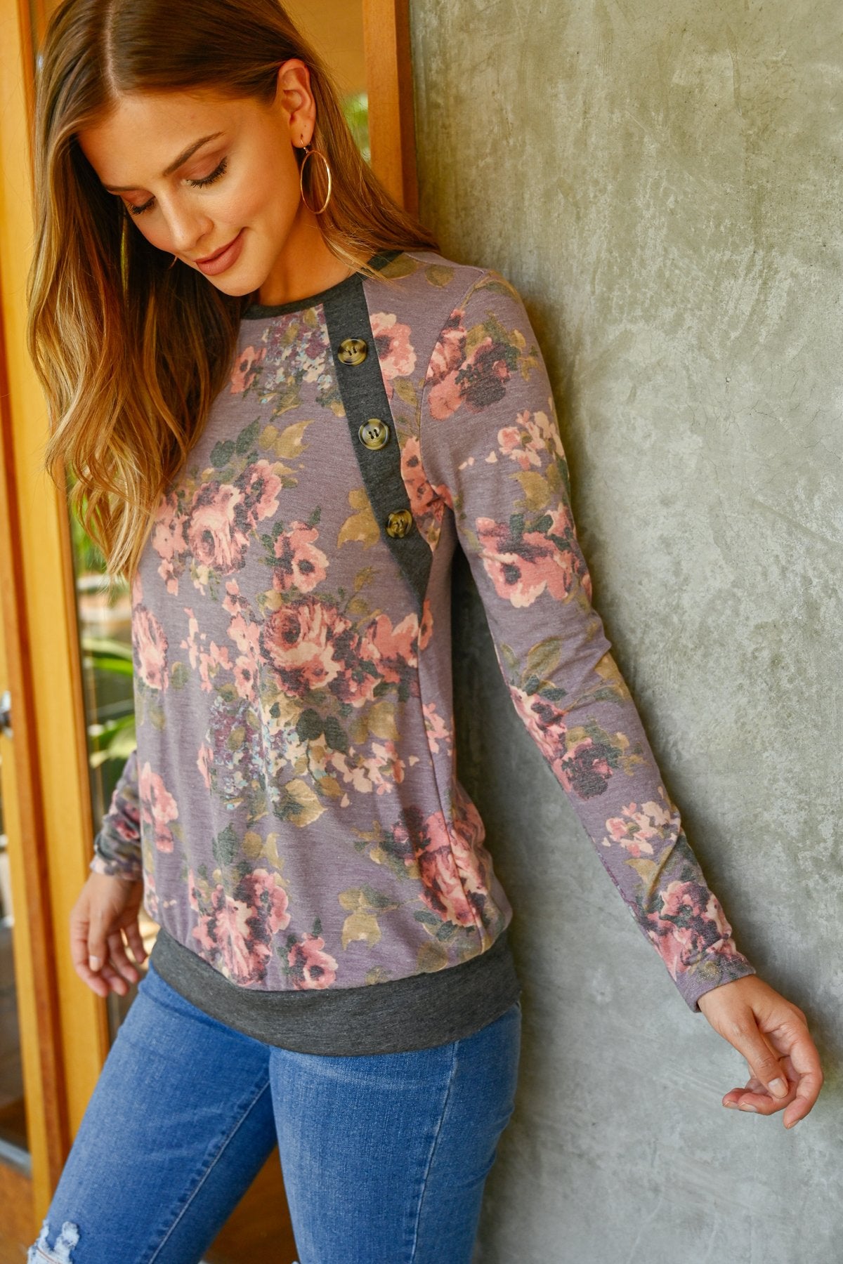 Button Detail Long Sleeved Floral Print Top