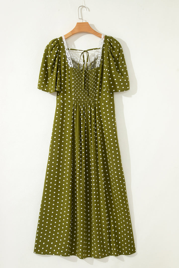Green Polka Dot Print Lacy Neckline Smocked High Waist Maxi Dress