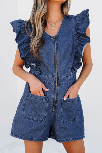 Sail Blue Denim Ruffled Zipped Front Belted Romper