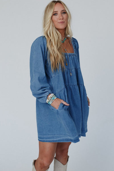 Dusk Blue Square Neck Side Pockets Loose Fit Denim Mini Dress