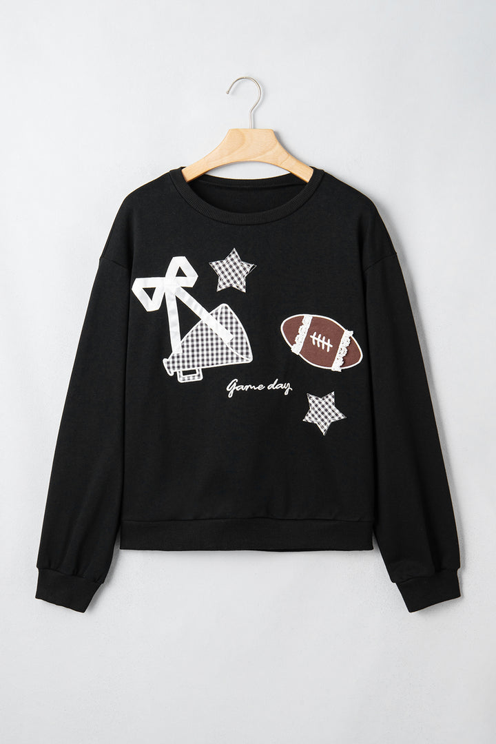 Black Gingham Patch Embroidered Rugby Game Day Stars Sweatshirt