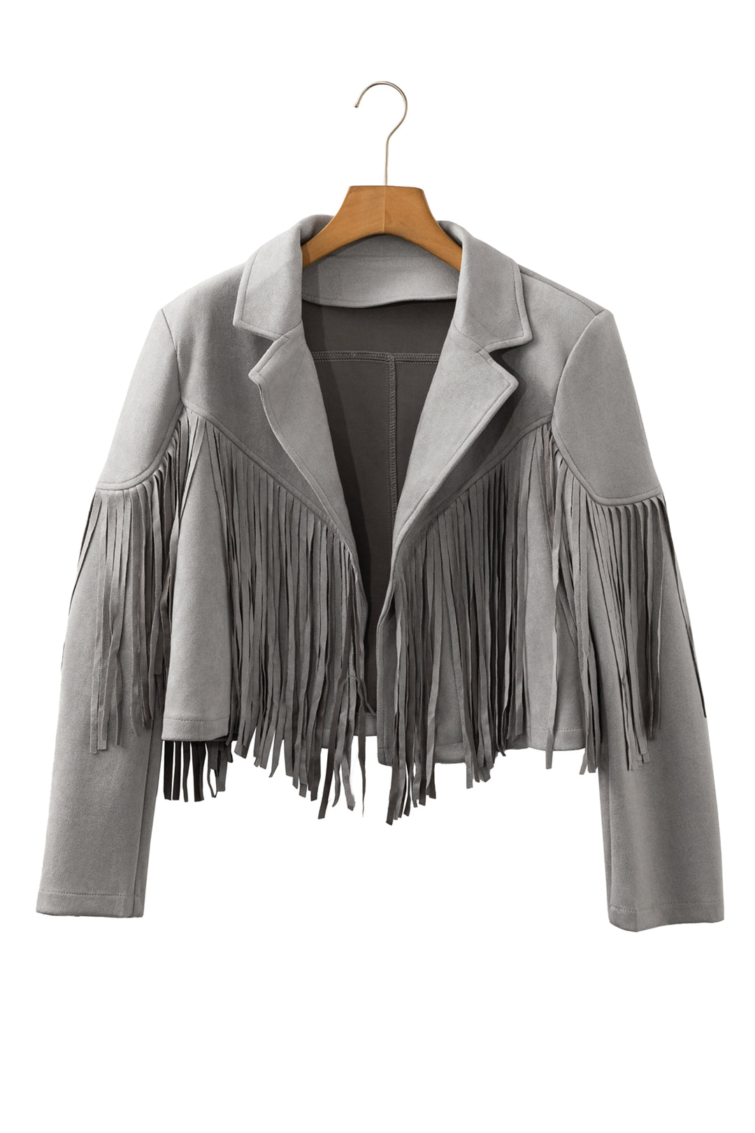 Gray Cropped Fringe Faux Suede Jacket