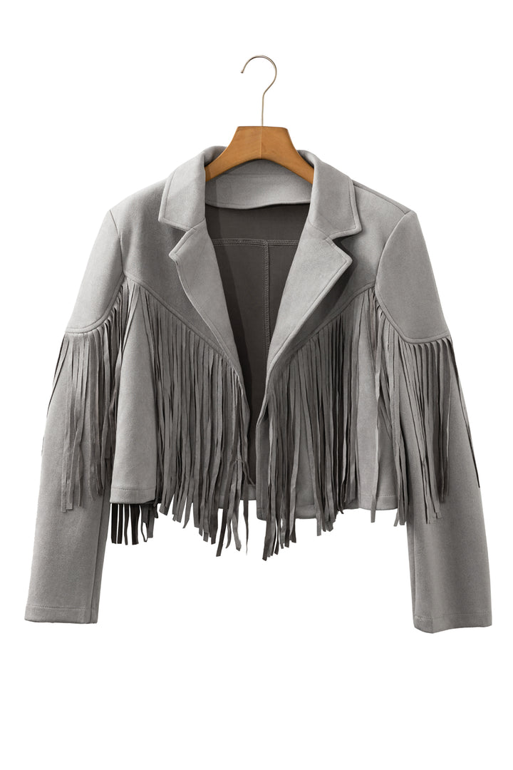 Gray Cropped Fringe Faux Suede Jacket