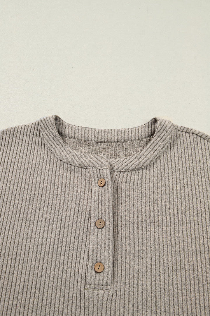 Simply Taupe Plus Size Ribbed Knit Kangaroo Pocket Henley Long Sleeve Top