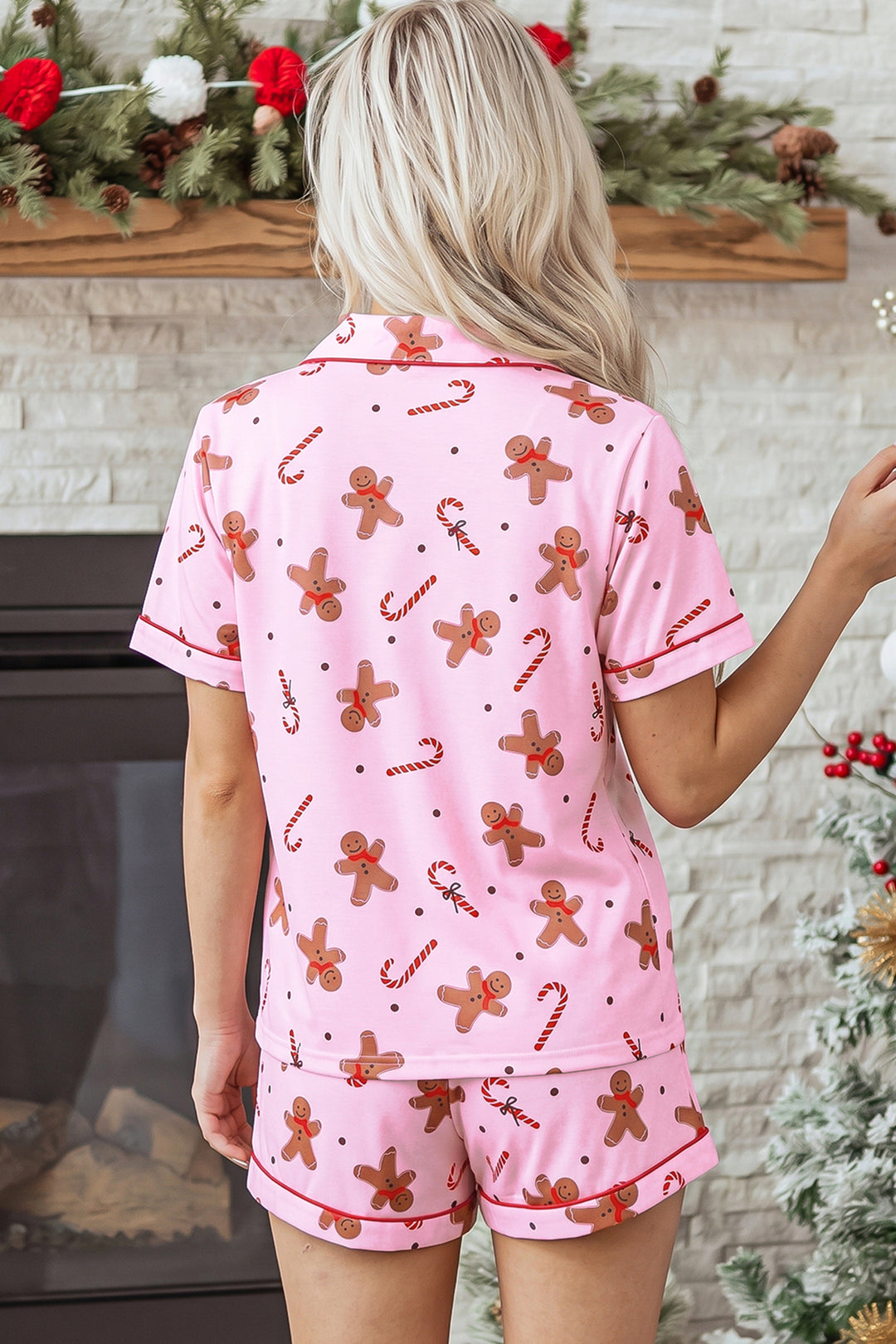 Pink Short Sleeve Placket Shell Button Elastic Waist Lounge Set