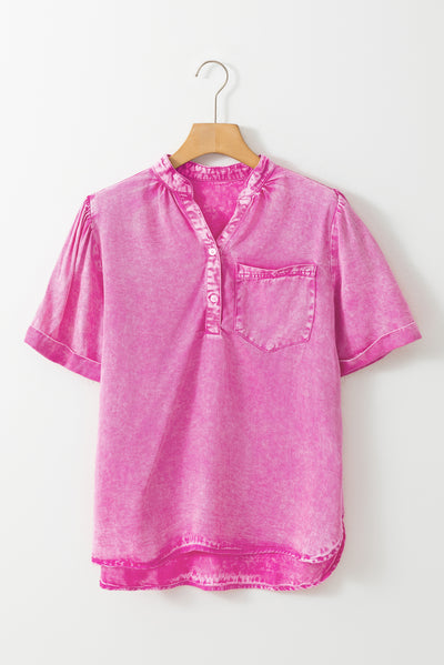 Bright Pink Mineral Wash Split Neck Pocket Patched Denim Top