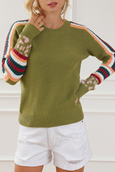 Green Leopard Contrast Striped Sleeve Ribbed Trim Sweater