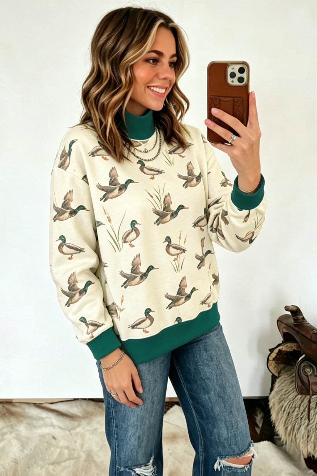 Multicolour Mallard Print Patchwork Colorblock High Neck Sweatshirt
