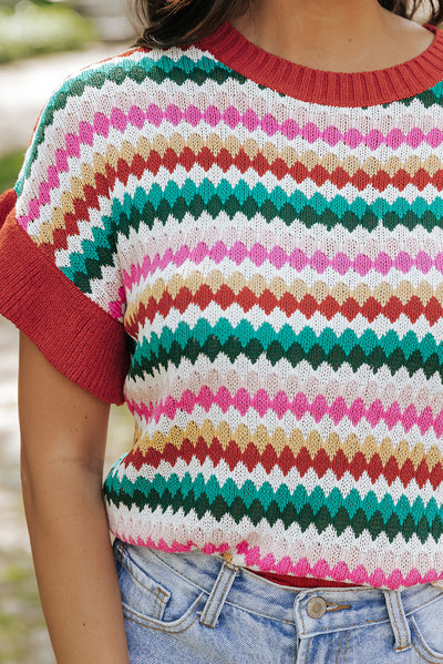 Fiery Red Trimmed Ruffle Sleeve Colorful Textured Sweater