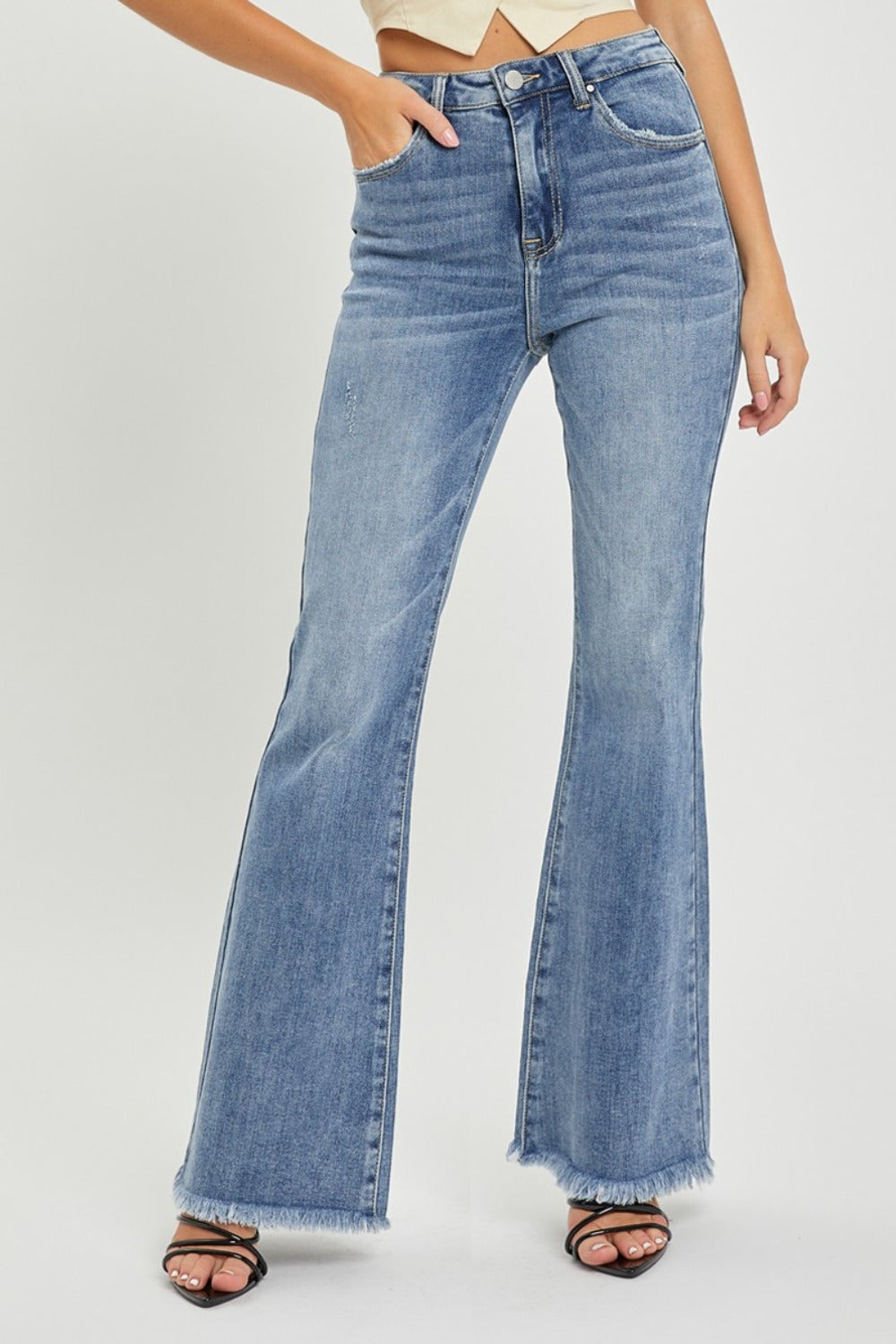 RISEN Full Size High Waist Raw Hem Flare Jeans