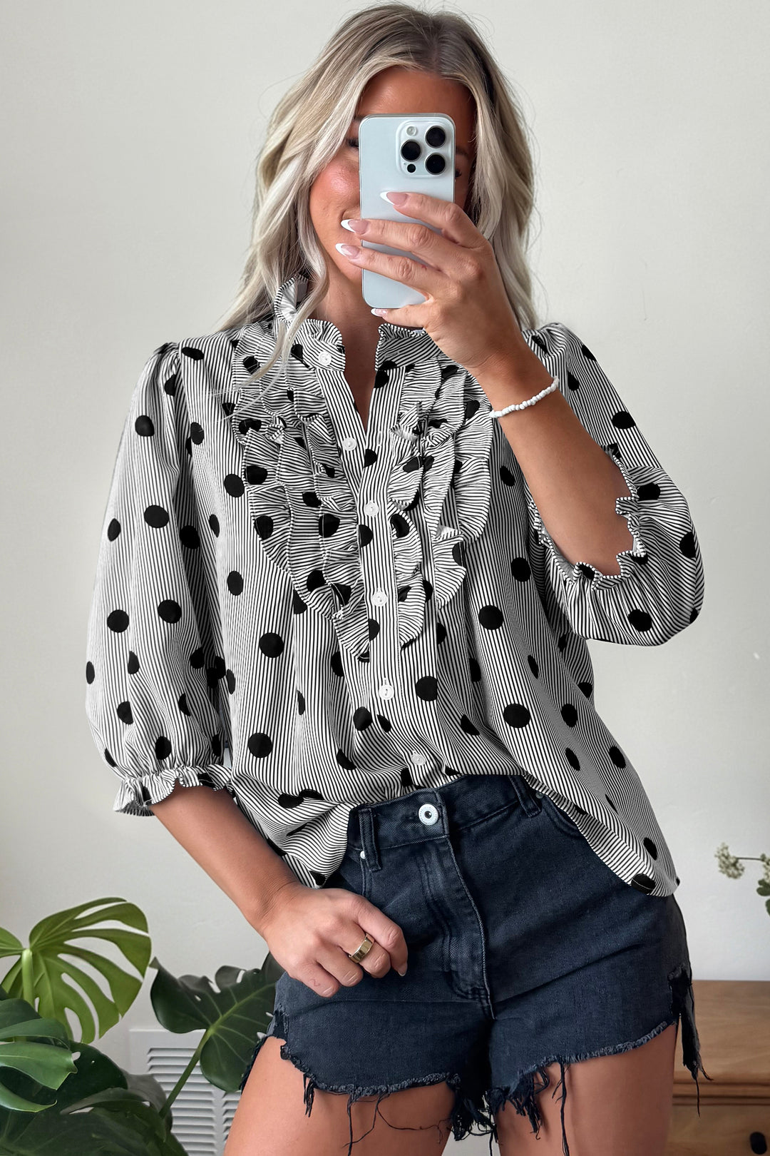 Black white Polka Dot Striped Print Ruffle Stand Neck 3/4 Sleeve Shift Shirt