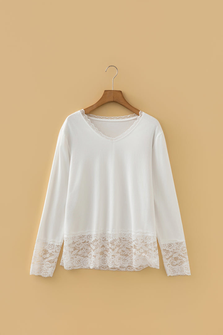 White Lace Trim V Neck Cuffed Long Sleeve Loose Top