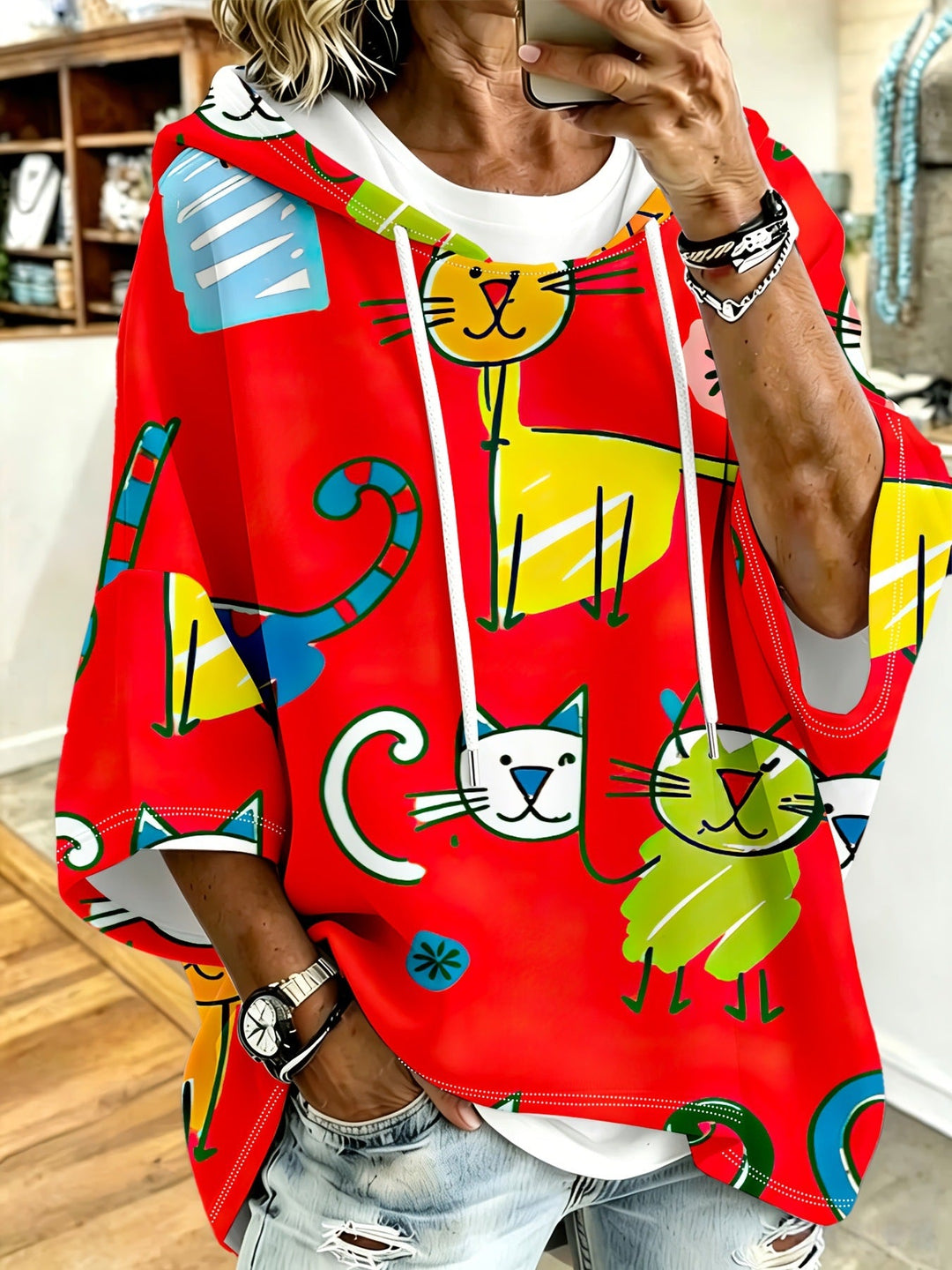 Cartoon Cat Print Hoodie with 3/4 Sleeves &amp; Drawstring