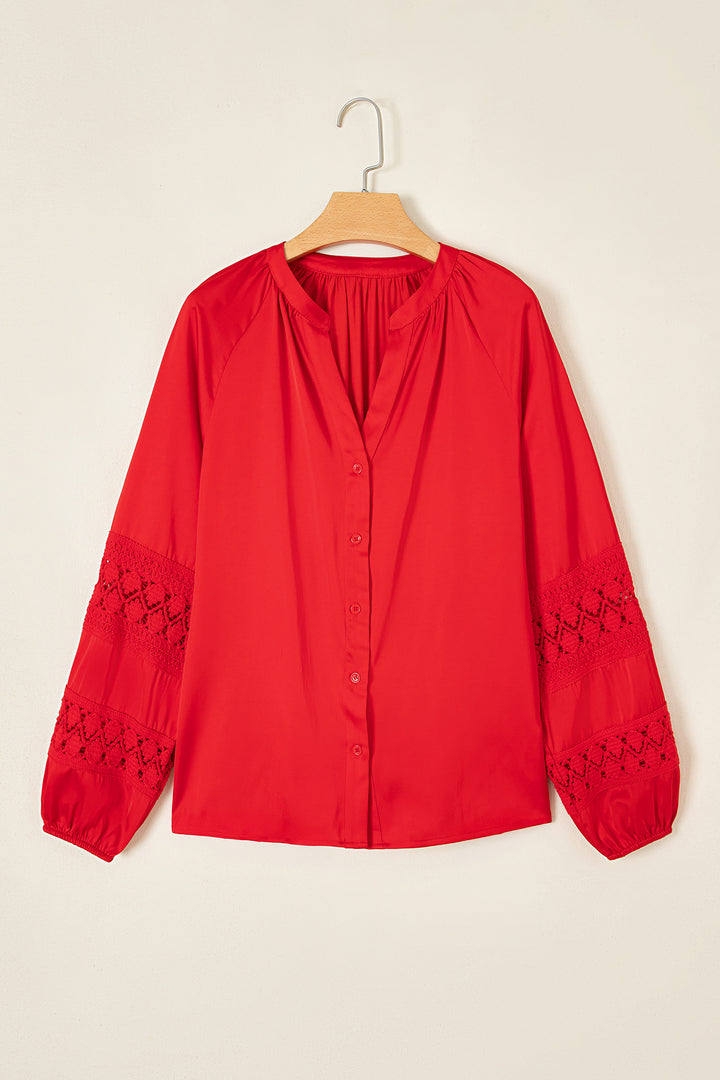 Fiery Red Patchwork Lace Long Sleeve V Neck Button Front Shirt