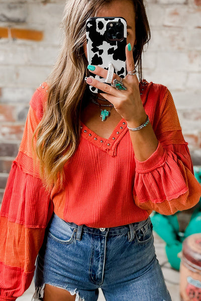 Fiery Red Studded V Neckline Exposed Seam Textured Knit Top